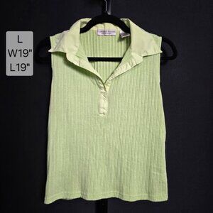 Stephanie Rogers Top L Large Sleeveless Polo Ribbed Knit Lime Green Contrast